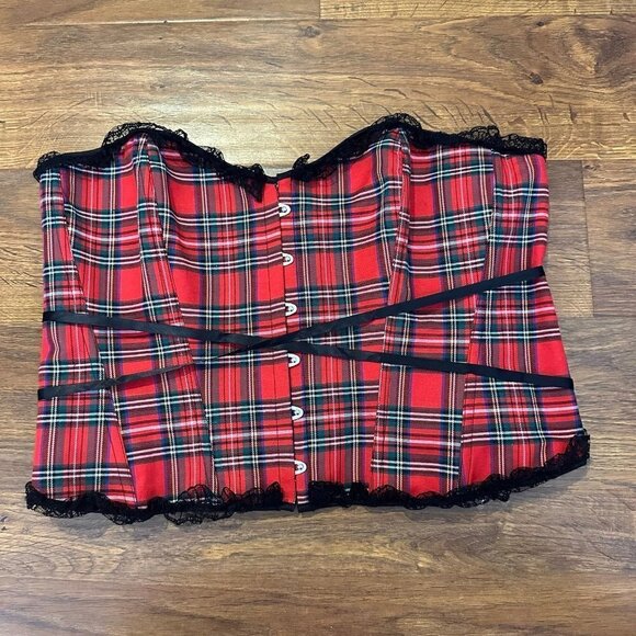 Women’s red plaid lace up corset waist cincher - Picture 1 of 5